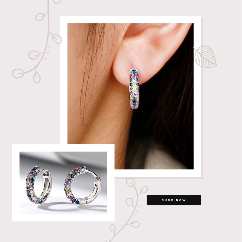 Fashion Perak Plat Bulat Mini Anting-Anting Set Setengah Lingkaran Warna-Warni Zirkon Wanita Perhiasan Mewah Anting Hoop