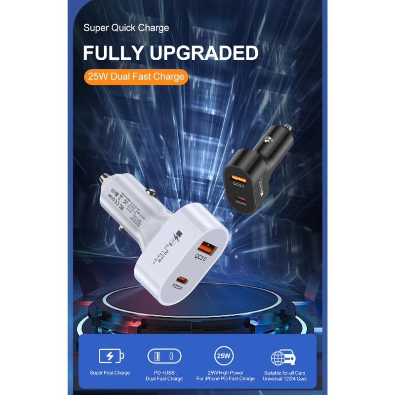 Zzz Type C USB Charger Mobil Fast USB C Adaptor Lampu Rokok 25W PD QC3.0 Charger
