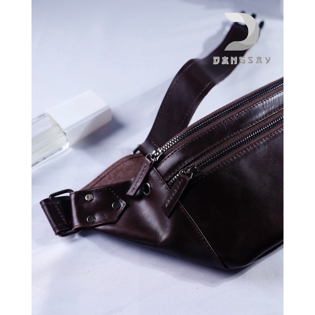 cuci gudang tas selempang waistbag pinggang kulit pria 100% kulit sapi asli anti air anti panas