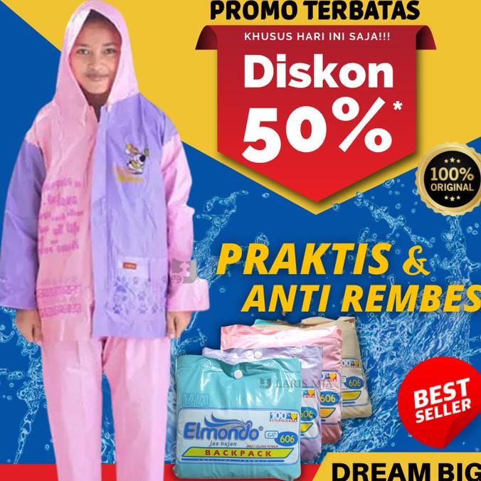 Jas Hujan Anak Perempuan SD Umur 6-10 Tahun Setelan Elmondo Jas Ujan