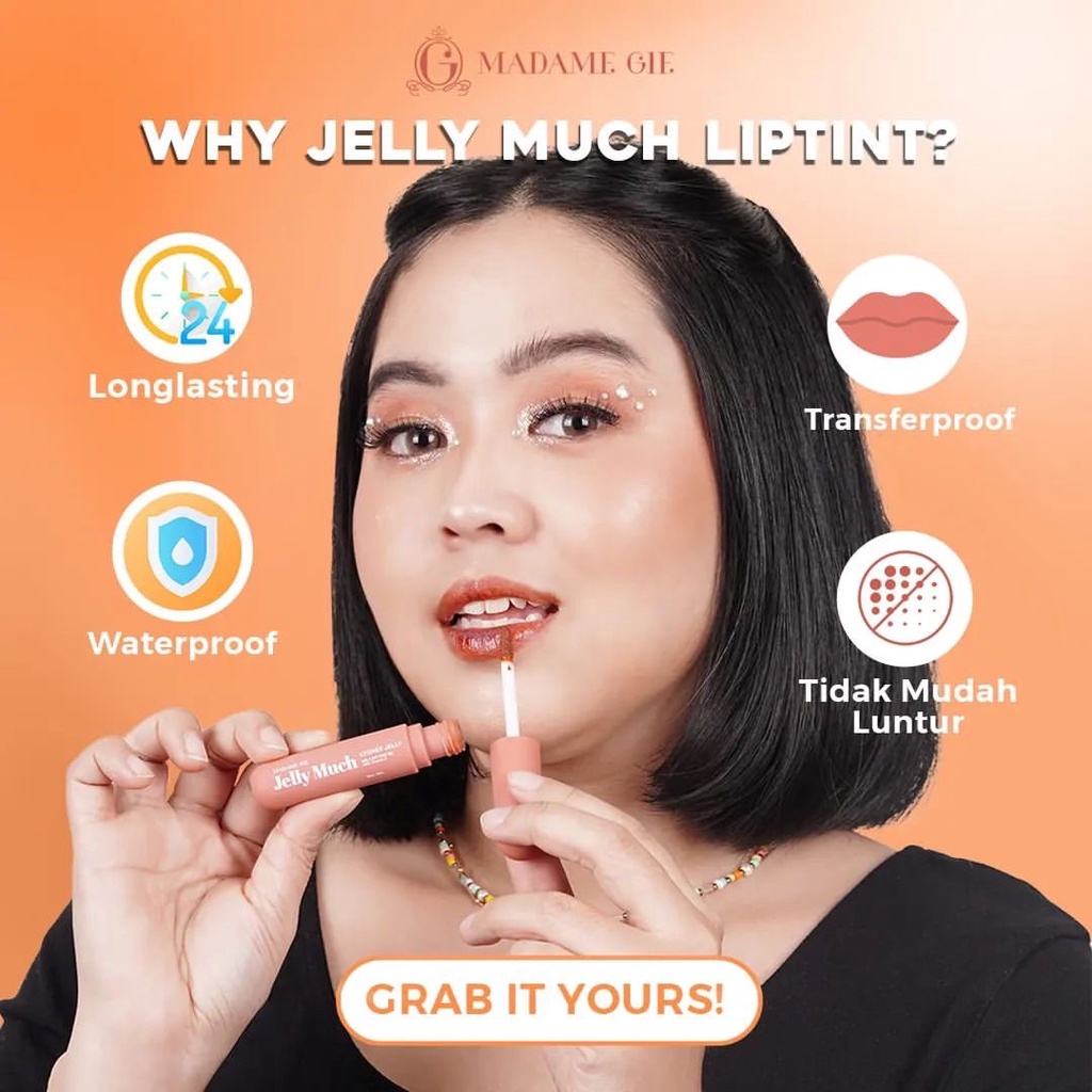 MADAME GIE Jelly Much Indonesia / Gel Lip Tint 6ml / With Vitamin E / Glossy Plumpy Waterproof Long Lasting Transferproof / Peach Orange Lychee Raspberry Cranberry Plum / Cosmetic Lips Make Up Kosmetik Bibir / Lipstick Lipstik Liptin Tin Matte Cream Gloss