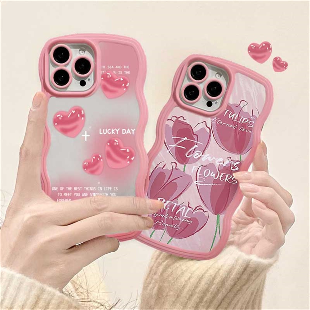 IPHONE Case Fashion Cocok Untuk Iphone11 14 12 13 Pro MAX iPhone7 8plus 6s Plus XR 14Plus XS MAX SE 2020 Cases Fashion Pink Love Hati Bunga Tulip Wavy Edge TPU Soft Phone Cover BY