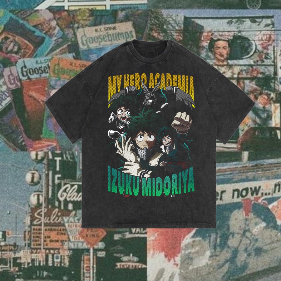 Ossu Official " My Hero Academy - Izuku Midoriya" Reguler T-Shirt | Stone Wash | Black | White | Kao