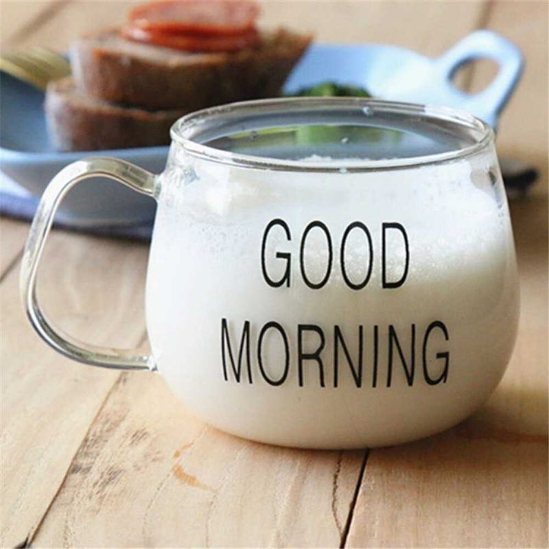 Gelas Cangkir Kopi Glass Coffee Mug Good Morning 350ml White Printing - 9H9D