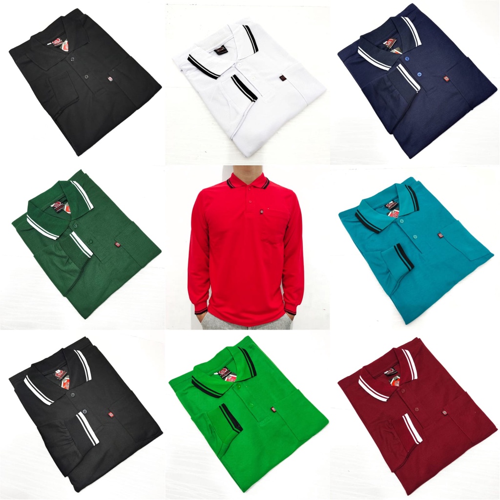 Kaos Polo Shirt Saku Pria Dewasa Kerah Polos Saku Lengan Panjang L XL XXL