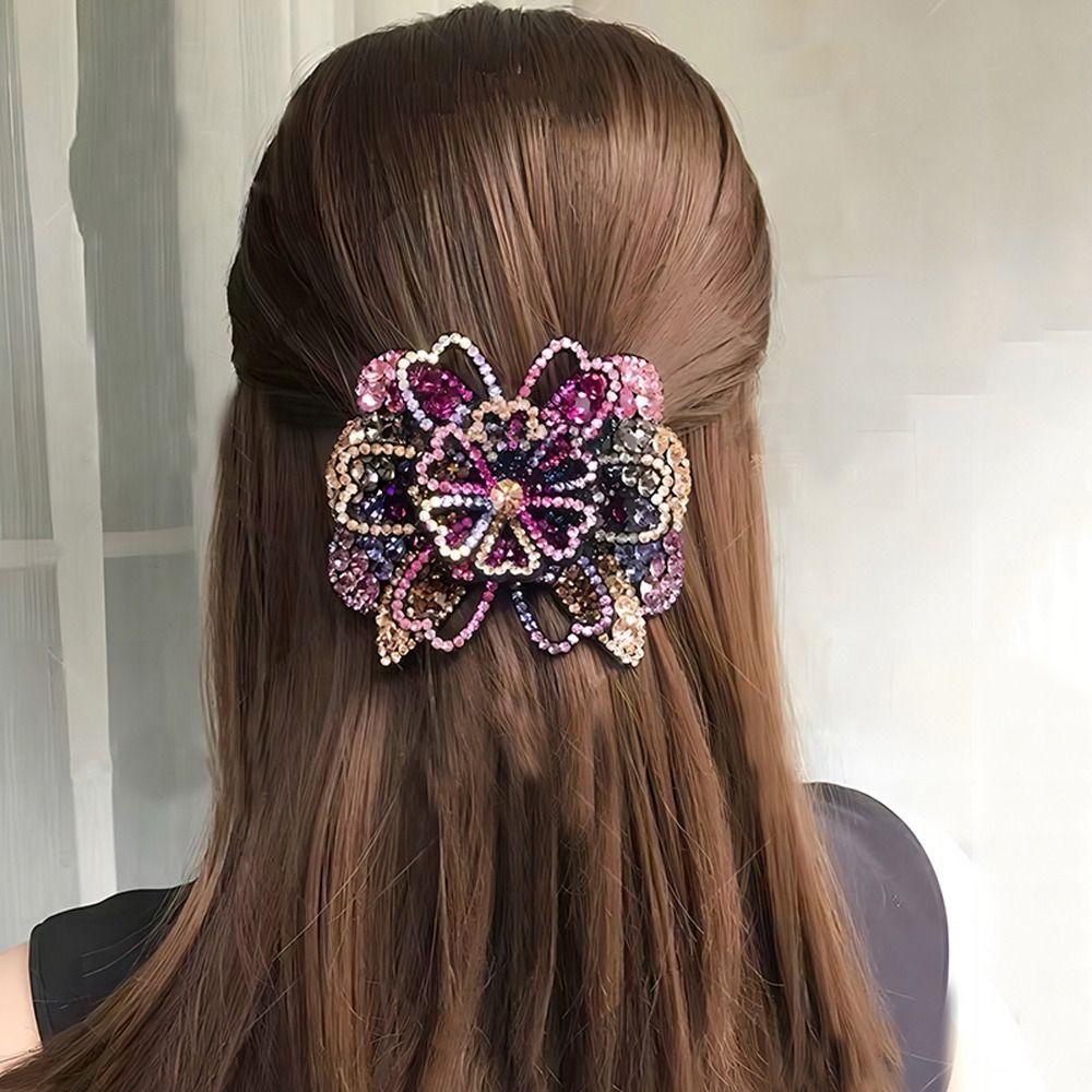 Mxbeauty Wanita Klip Rambut Elegan Berkilau Shiny Flower Headwear Ponytail Holder Berlian Imitasi Alloy Multi-Warna Klip Rambut Ekor Kuda