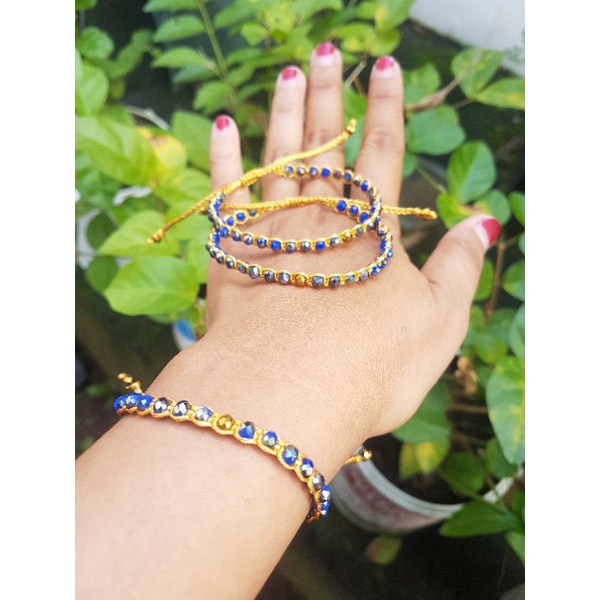 Gelang tangan hematite  blue shappire crystal 4mm tali serut bohemia turkey aksesoris wanita import 