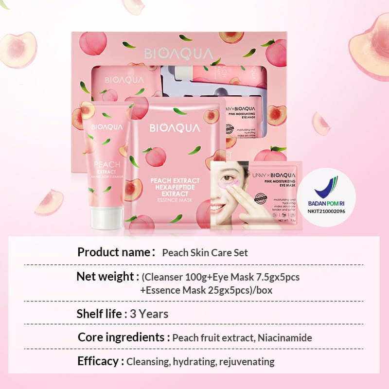 BIOAQUA Peach SkinCare Set Kecantikan Perawatan Set With Cleanser/Sheet mask/Eye mask Whitening Brightening Memperbaiki kulit