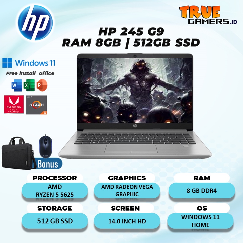 LAPTOP HP 245 G9 RYZEN 5 5625 16GB 512SSD VEGA7 W11 14.0 SLIM BEZEL SLV