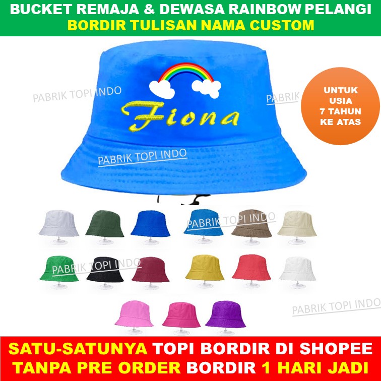 Topi Bucket Dewasa Rainbow Topi Dewasa Pelangi Custom Bordir Nama Usia 7 Tahun ke atas