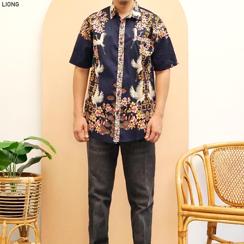 Evercloth Liong Kemeja Batik Pria Lengan Pendek Hem Batik Cowok Baju Batik Laki-Laki Slim Fit