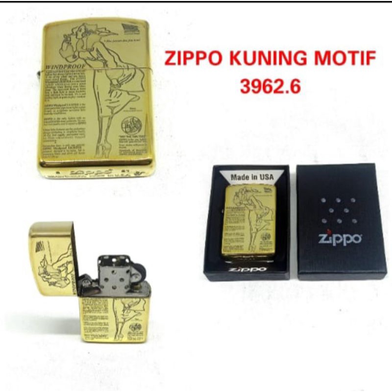 Korek Zippo Kuning Motif Made in USA Grade Original [Bisa COD]