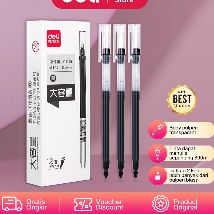 

[PRODUK MKMYB] Deli Gel Pen / Pulpen Gel 0.5mm Tinta Hitam Isi 12 pcs Penulisan Halus Isi Tinta 2 Kali dari Pulpen Biasa A127 C8R
