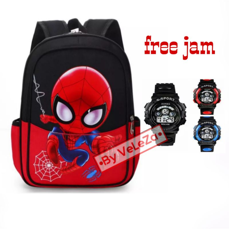 Tas ransel anak canvas laki-laki karakter superhero gratis jam tangan - tas anak