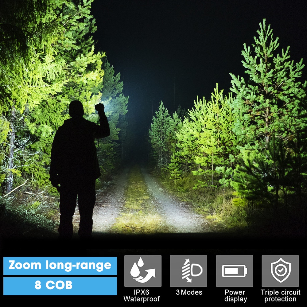 3mode Pencahayaan Senter Mini LED, 8lampu Sisi COB LED, Senter LED Zoom Portable Rechargeable, Lampu Flash LED Sangat Terang Untuk Camping Hiking Outdoor