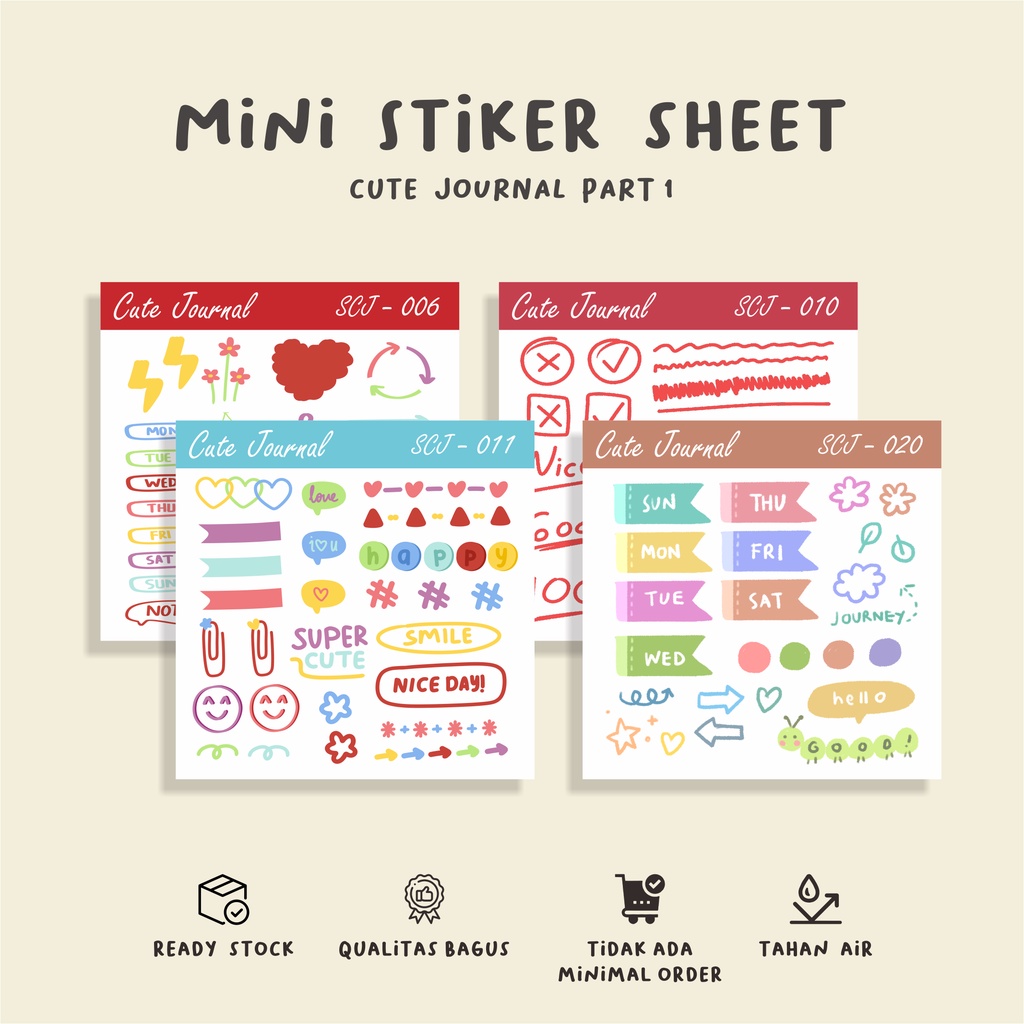 

( 10 pcs )stiker sheet waterproff/murah/CUTE JOURNAL 1/bisa cutting/harga 1pcs/murah/label hp/buku/jurnal
