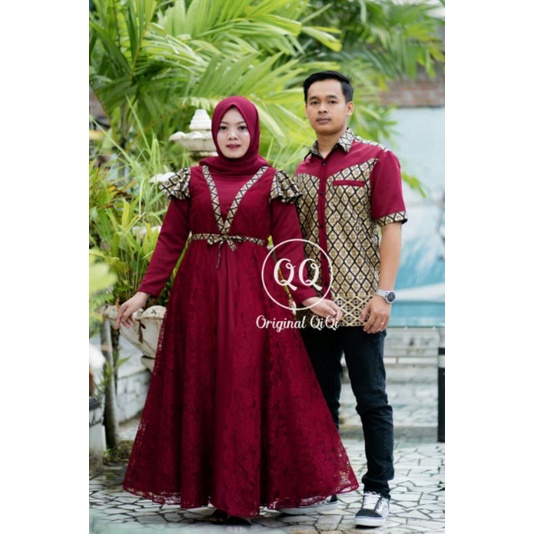 set couple gamis syari modern gamis brukat dan kemeja batik prada original by batik pekalongan gamis