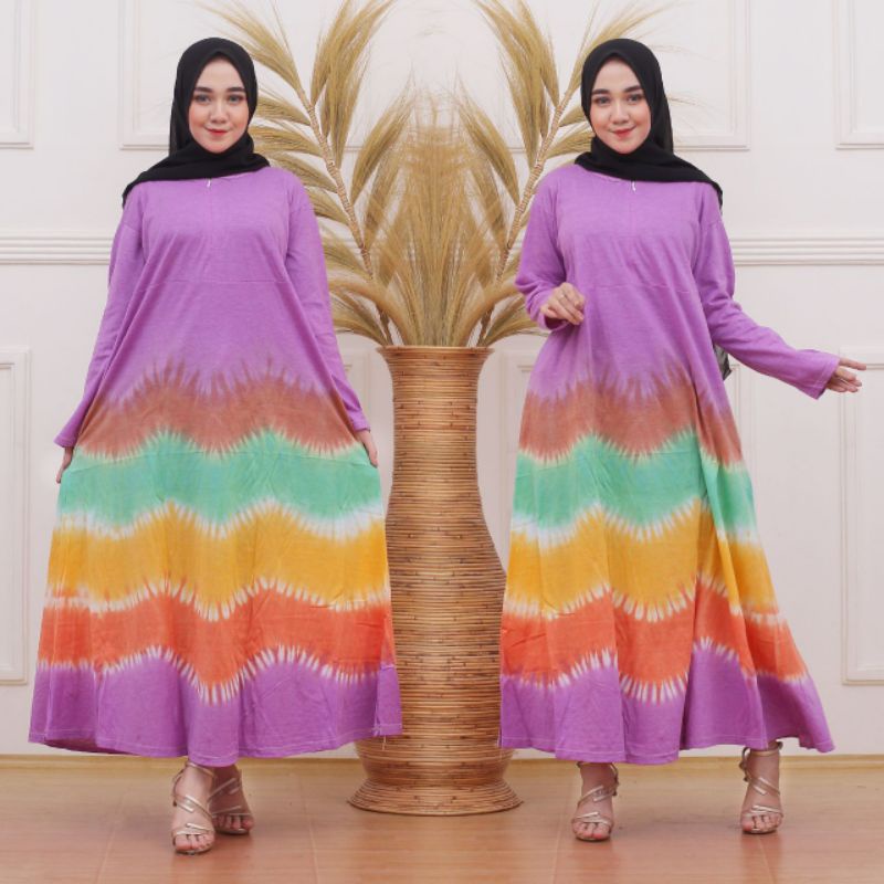 Daster Kaos Jumbo Kekinian Tiedye Lengan Panjang Homedress Wanita Terbaru