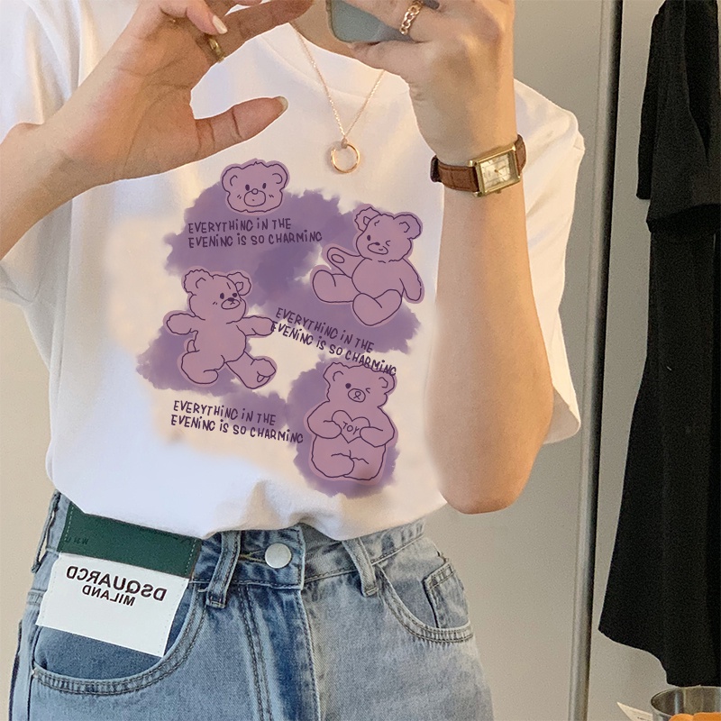 Print T-shirt Kaos Lengan Pendek Cute Purple Bear Oversize Korean Style