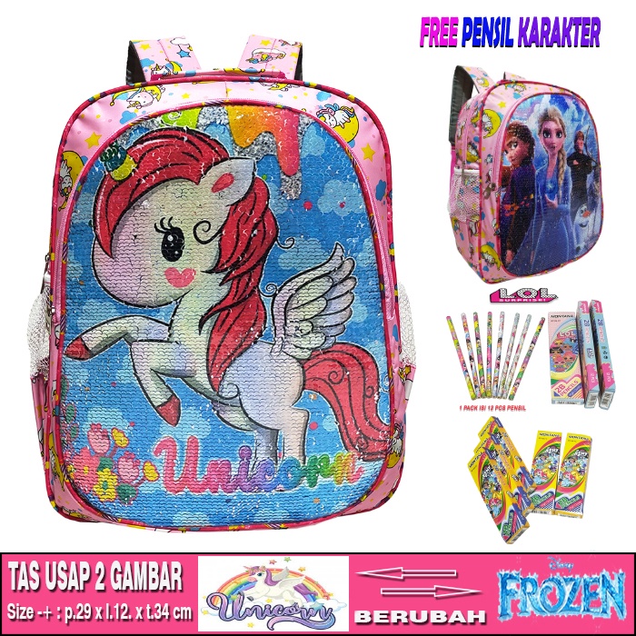 APPA Tas Ransel Anak Prempuan Sekolah Sequin Usap 2 Gambar Karakter UNICORN - FROZEN