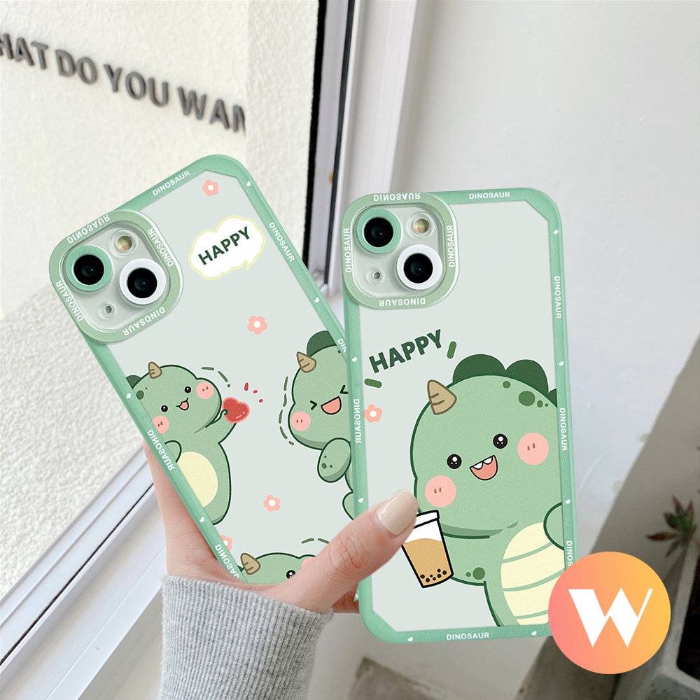 Kartun Case Kompatibel Untuk iPhone 7Plus 11 13 12 14 Pro Max X XR 8 6s 6 7 Plus XS Max SE 2020kecil Lucu Dinosaurus Teh Susu Mata Malaikat Shockproof Lembut Tpu Phone Cover