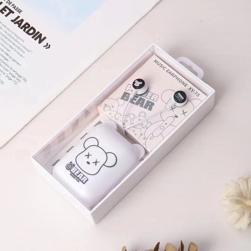 [ XY 75 ] Set Headset Earphone motif karakter BEARBRICK so IMUT CUTE &amp; LUCU / + Wadah penyimpananEarphone Motif