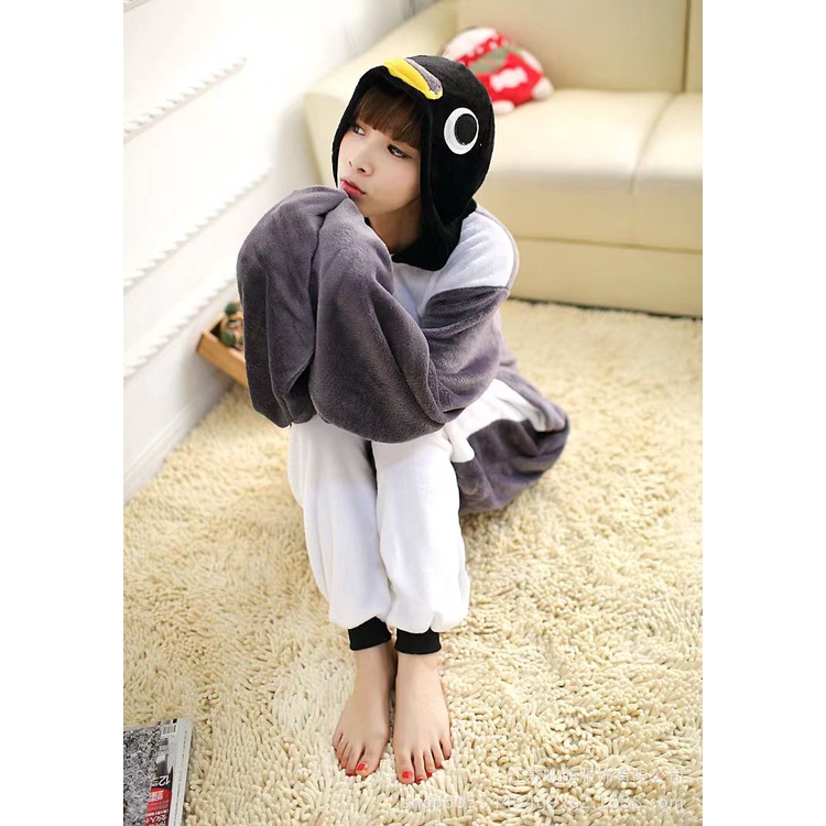 BAJU ONESIE PENGUIN HITAM ABU ABU KOSTUM PIYAMA PESTA KIGURUMI LEMBUT IMPOR