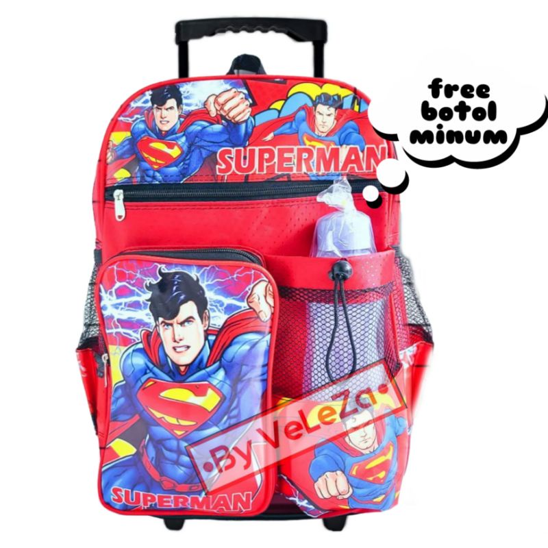 Tas Ransel Troli Anak Superman Gratis Botol minum - Tas troli