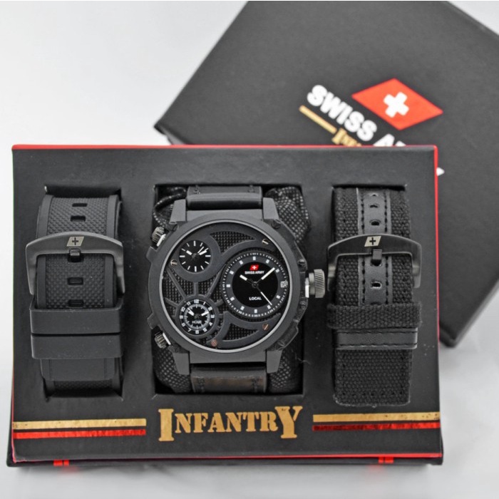 Bestseller✨ - Jam tangan pria swiss army infantry paket tali - Hitam putih