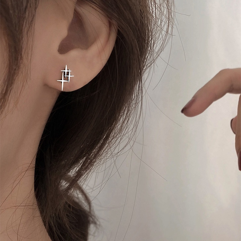 Papaozhu Vintage Perak Bintang Stud Anting Untuk Wanita Pria Unisex Sederhana Fashion Geometris Salib Anting Chic Telinga Perhiasan