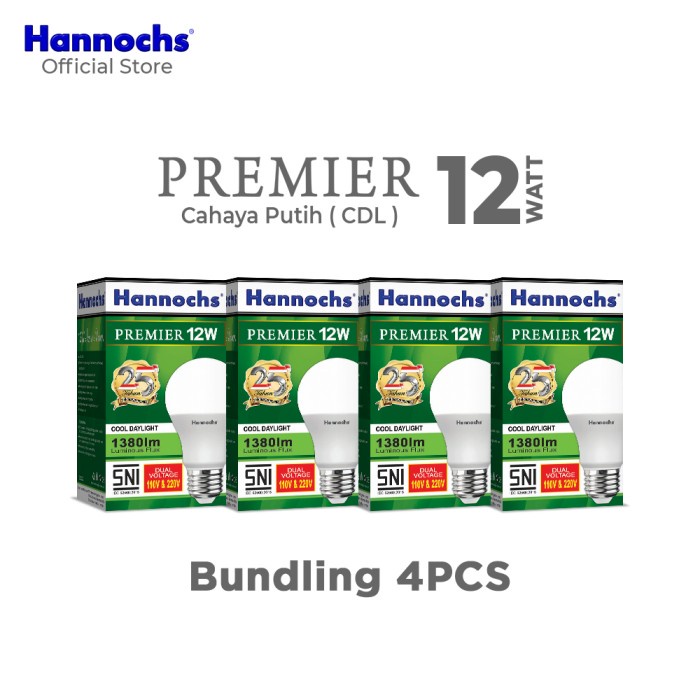 HANNOCHS - LAMPU LED PREMIER - 12 WATT - CAHAYA PUTIH (PAKET 4 PCS)