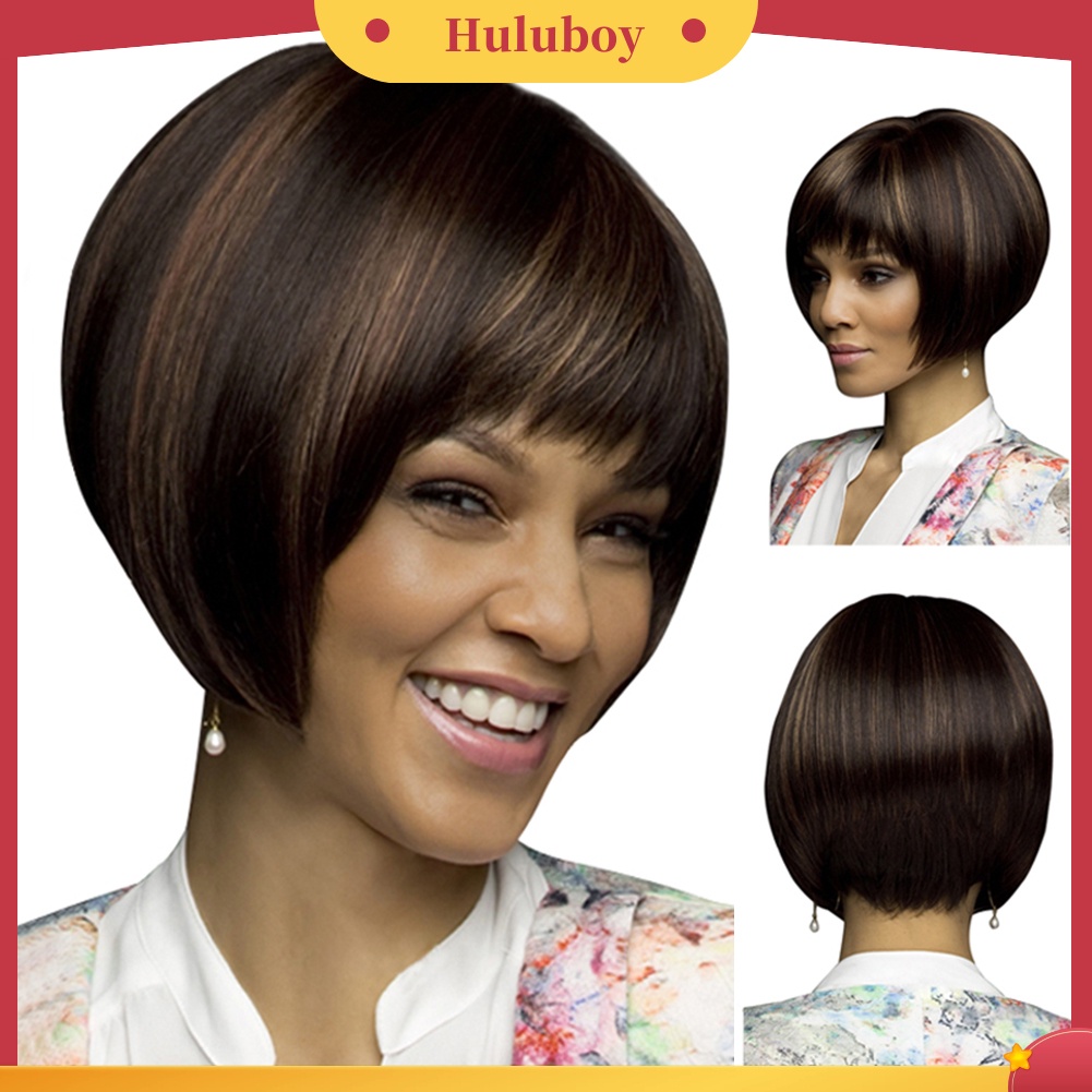 Rambut Palsu Wanita Model Bob Pendek Lurus Natural Warna Campur Untuk Pesta Cosplay