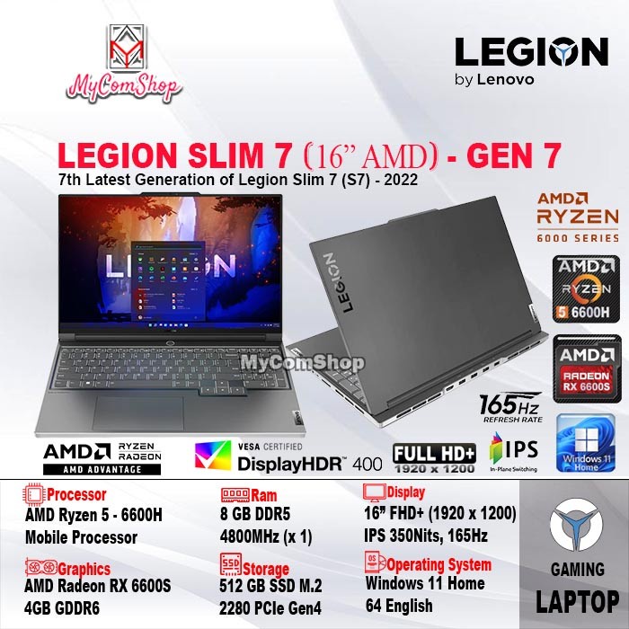 LENOVO LEGION SLIM 7 GEN 7 R5 6600H 8GB 512GB AMD RX 6600S 4GB 16"FHD+