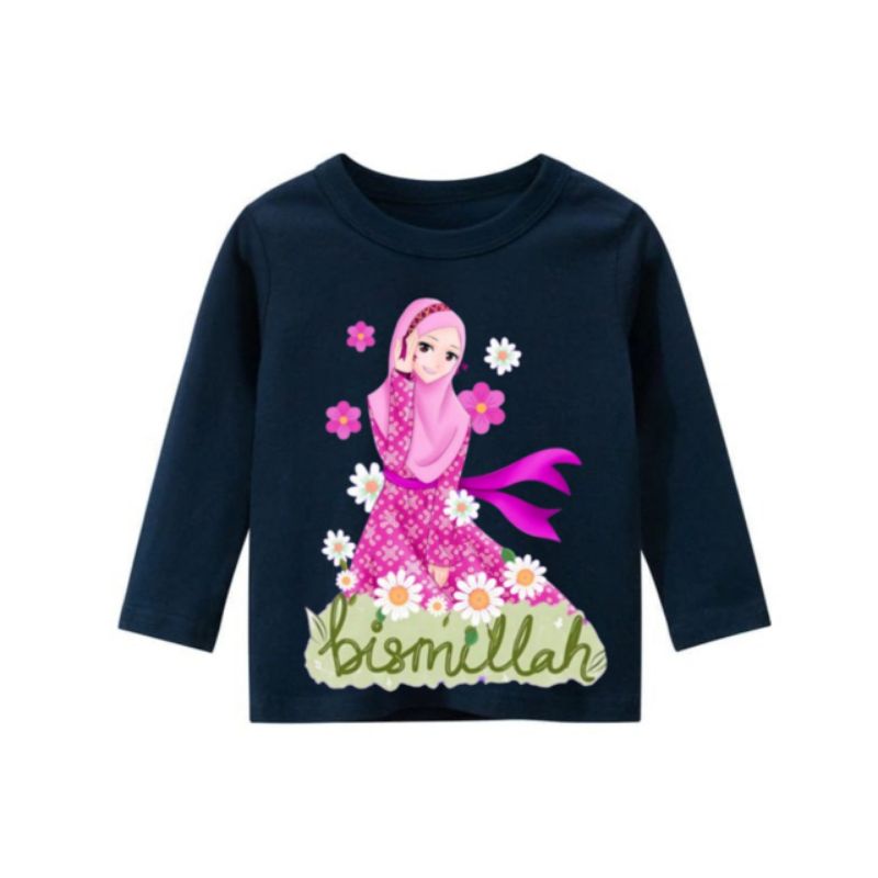 kaos lengan panjang anak perempuan motif bismilla/baju islami anak