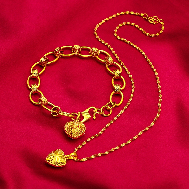 Goldkingdom Perhiasan Fashion Emas Asli Kadar 375Bangkok Aksesoris Ready Stock Baru Berlapis Emas Minimalis Wanita Cinta Gelang Liontin Kalung