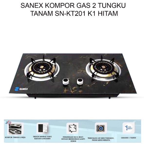 SANEX Kompor Tanam &amp; Meja Kaca 2 Tungku 2 In 1 Marble Series SN-KT201 Api Tornado Warna Hitam &amp; Putih Marmer