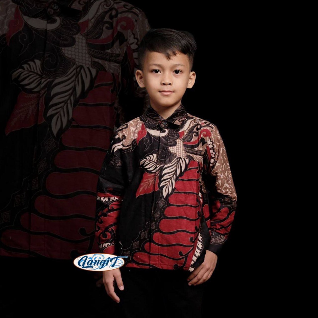 Kemeja Batik Pria Lengan Panjang Couple Batik Ayah Anak Laki-laki Usia 3-13 Tahun Warna Merah Motif Sangkuriang