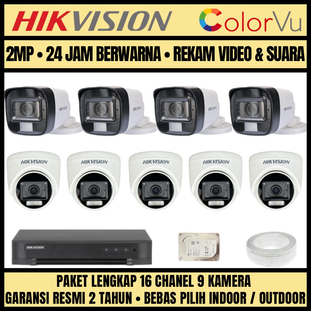 PAKET CCTV HIKVISION COLORVU 2MP 16 CHANNEL 9 CAMERA KAMERA CCTV COLORFUL