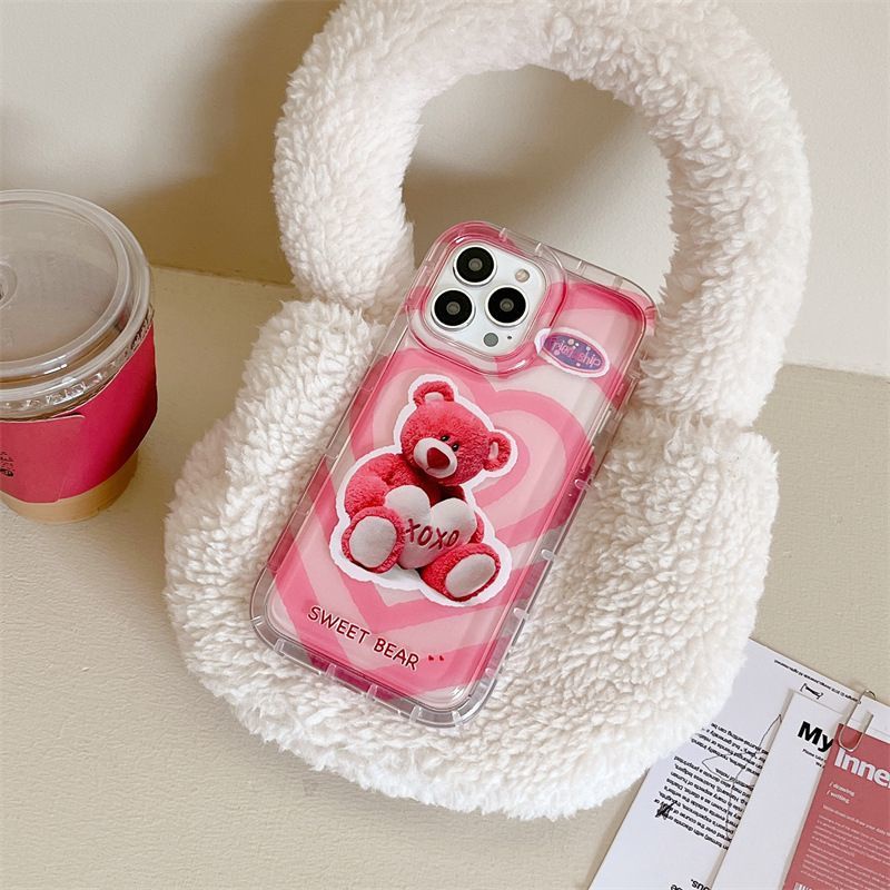 IPHONE Casing Ponsel Lembut Beruang Pink Lucu Kompatibel Untuk Iphone14 13 12 11 Pro XS Max X XR Casing Transparan Shockproof7 8 6 6S Plus Cover TPU