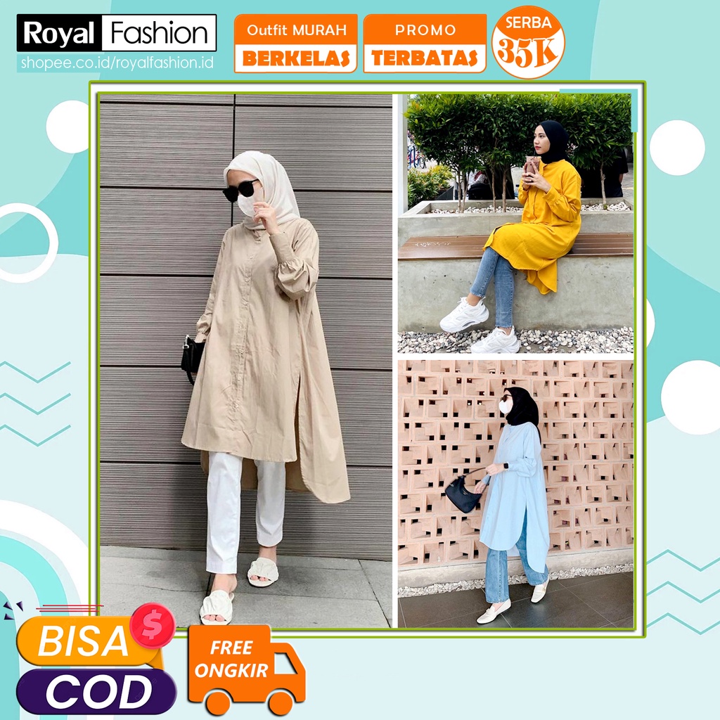 Kemeja Tunik Ailen Pakaian Atasan Muslim Fashion Wanita Casual Dress Oversize Jumbo Kancing Hidup