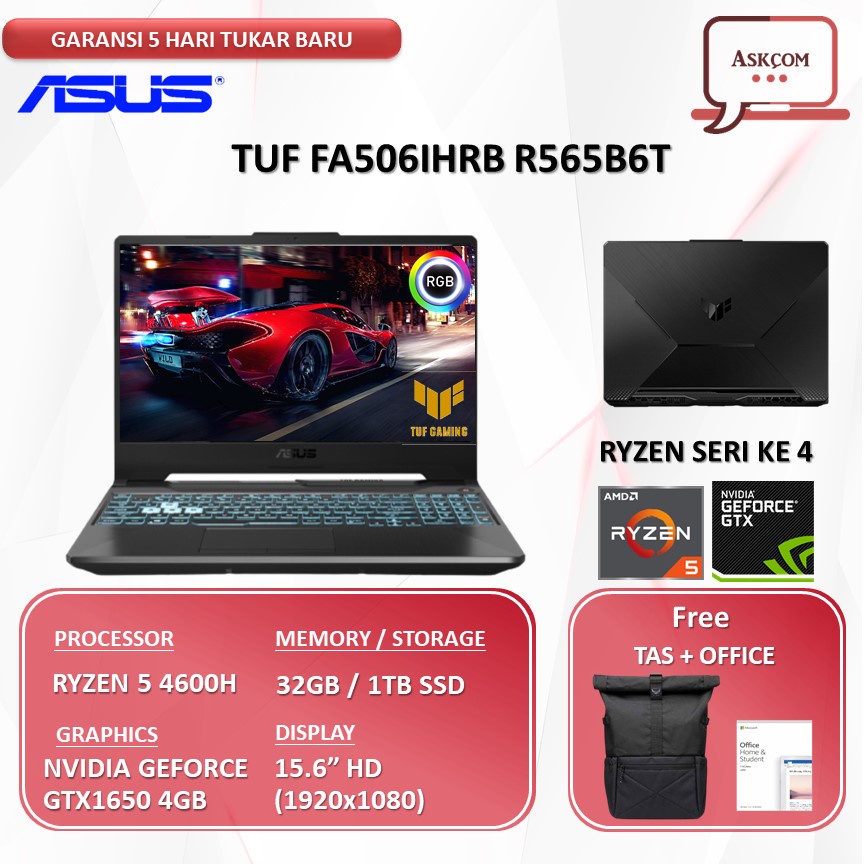 Laptop Gaming Asus Tuf Dash FA506IHRB GTX1650 4GB RYZEN 5 4600H RAM 32GB 1TB SSD OHS 15.6FHD 144HZ W11