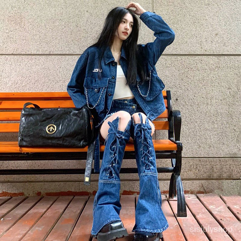 Celana pendek denim pedas cocok untuk wanita 2022 jatuhnya desain jalan retro baru rasa jaket denim