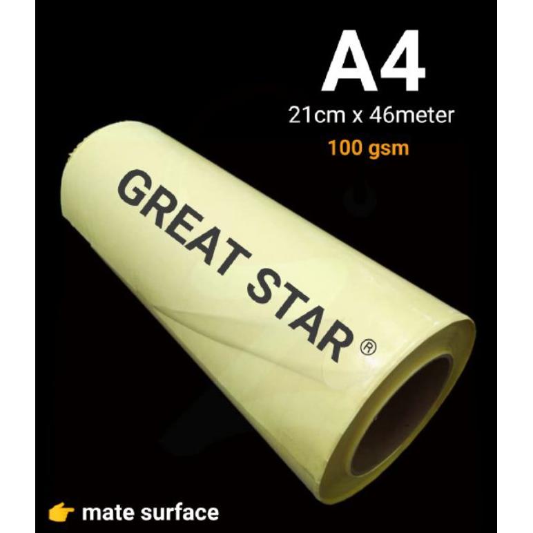 

COLD LAMINATION/LAMINASI DINGIN A4+ ROLL 100 GSM X46M (DAUN KUNING) TERLARISS...,,,,,