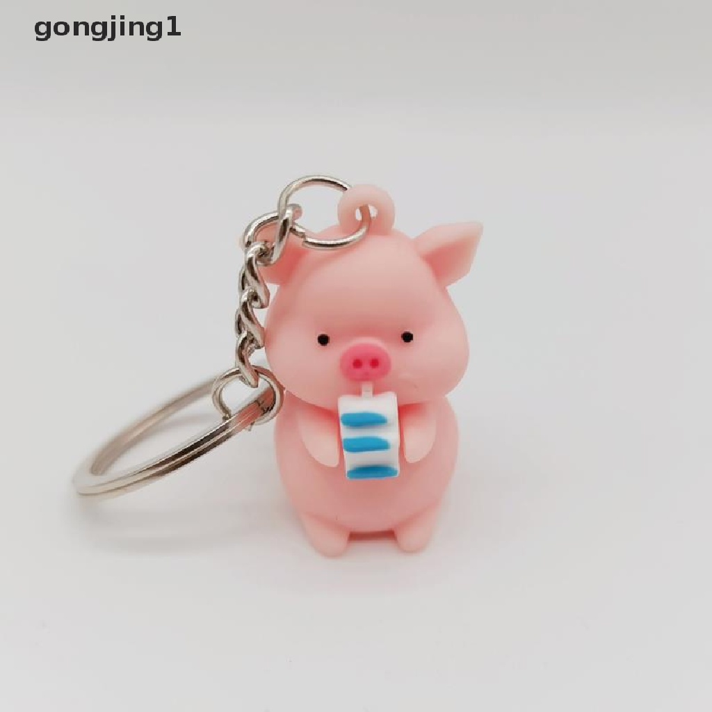 Ggg Kartun Lucu Jas Hujan Piggy Doll Gantungan Kunci Memegang Babi Susu Kunci Ring Tas Liontin ID