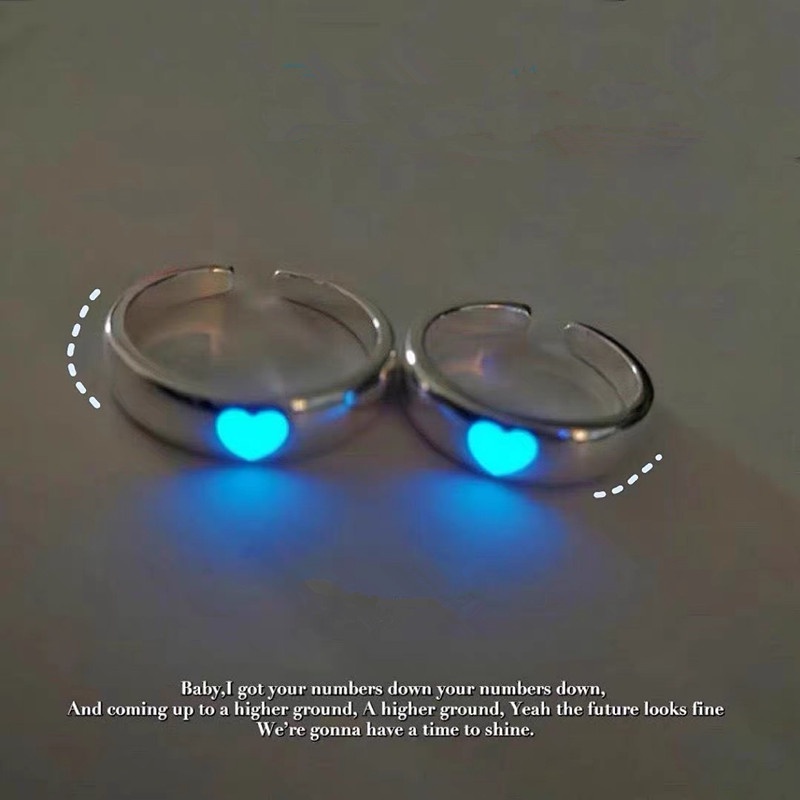 Papaozhu Trendi Biru Hati Bercahaya Cincin Untuk Pasangan Pecinta Korea Glow In The Dark Terbuka Cincin Jari Manset Persahabatan Perhiasan Hadiah