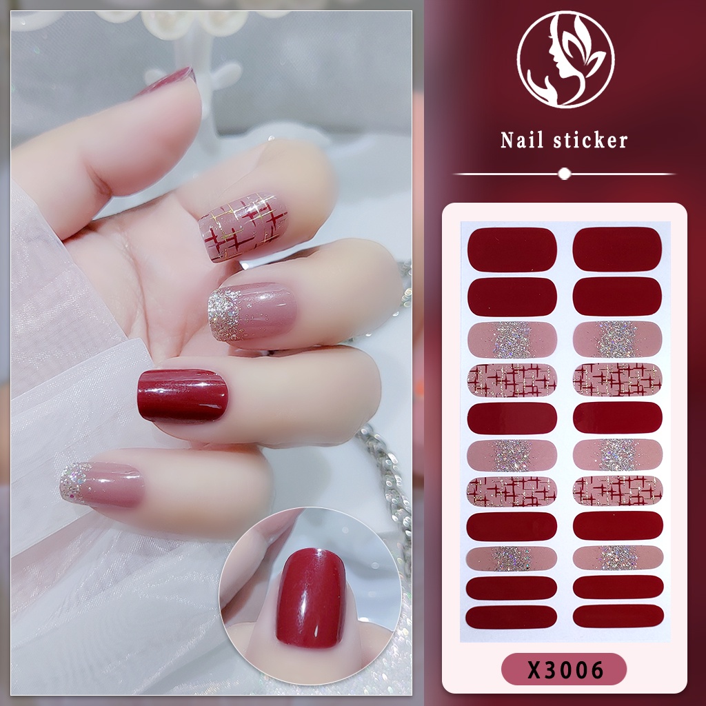 X set 3D Vision Stiker Kuku Kuku Stiker Kuku Panjang Tahan Air Sobek Dipanjangkan Penuh Kuku Bungkus Fasion Tiga Dimensi Nail Art Mutiara Permata Laser Gradien DIY Manicure Sticker