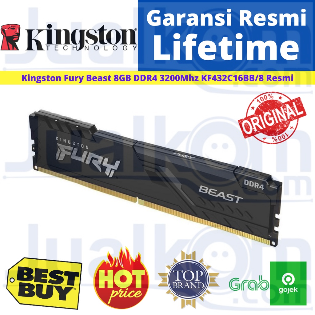 DDR4 8GB 1x8GB 3200MHz Kingston Fury Beast KF432C16BB/8 RESMI