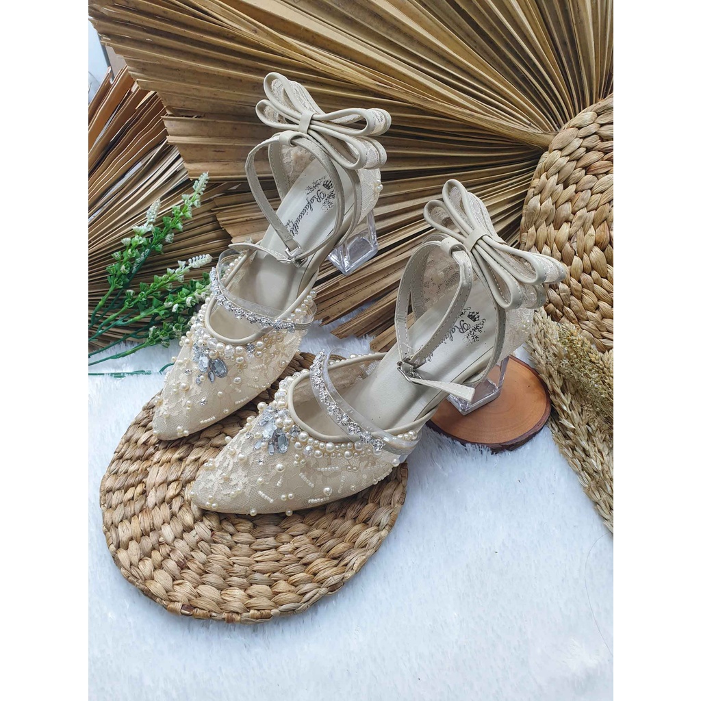 sepatu wedding wanita zaneta cream 7cm kaca