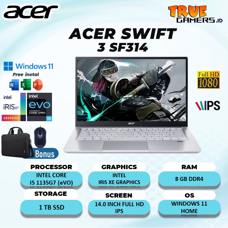 ACER SWIFT 3 INFINITY 4 SF314 EVO I7 1165G7  RAM 8GB 1TB ssd IRISXE W11+OHS21 14.0FHD IPS