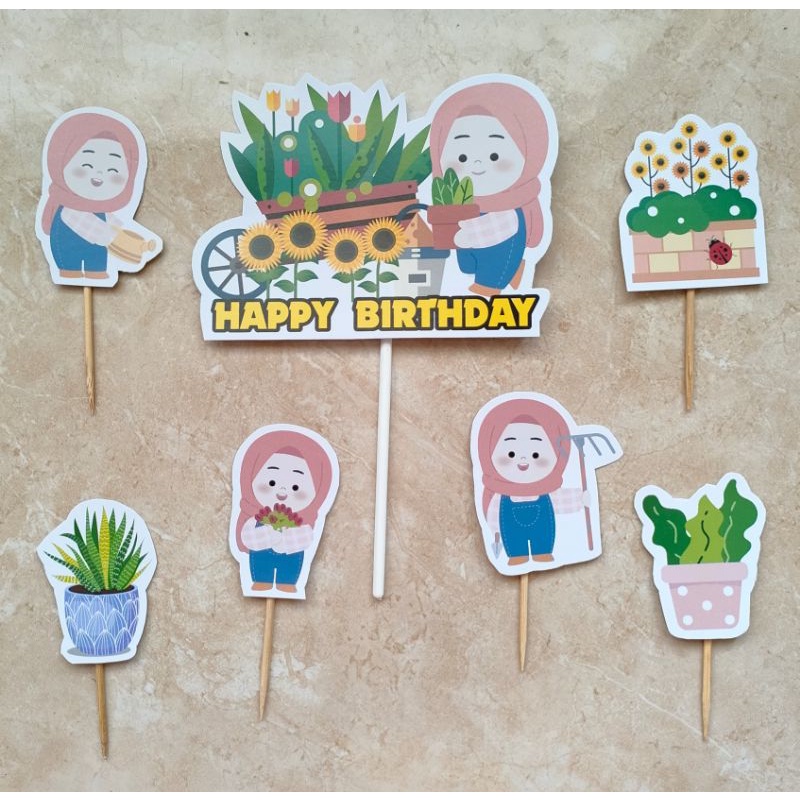 topper hiasan dekorasi kue cake nasi tumpeng ulang tahun happy birthday karakter girl farming petani